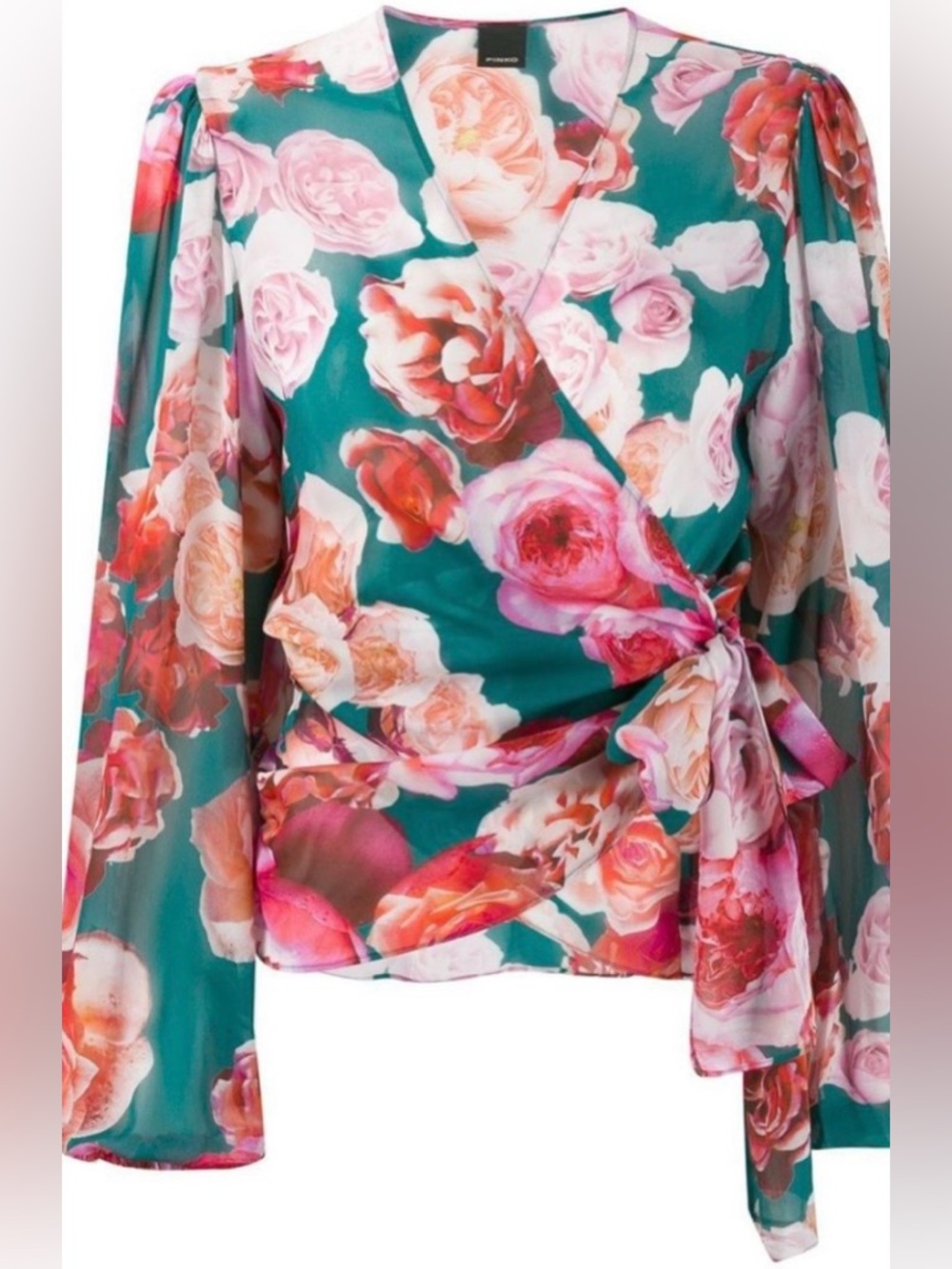 NWT Pinko Teal Floral Wrap Blouse with Pink & Peach Roses